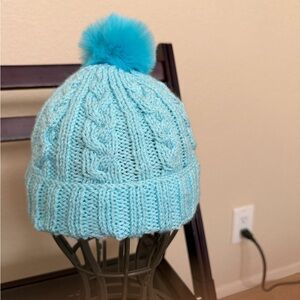 Kids' Light Blue Cable Knit Hat with Pom-Pom